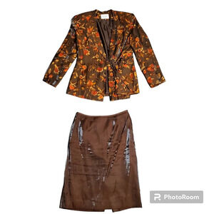 Le Suit Petite Brown Leaf Print 2-Piece Set